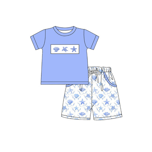 BSSO1979 Preorder Baby Boys Shell Starfishes Shirts Top Pockets Short Clothes Sets