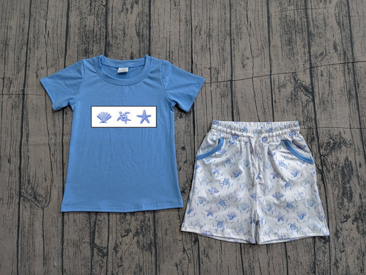 BSSO1979 Preorder Sample Embroidery Shell Starfishes Baby Boy Shirt Top Pockets Short Clothes Sets