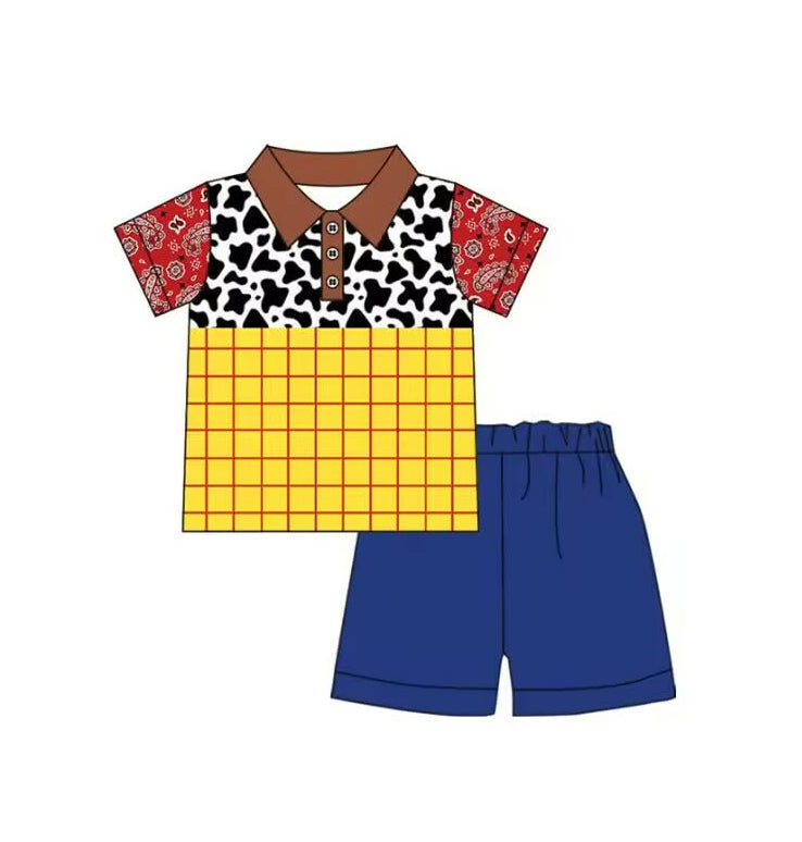 BSSO1985 Preorder Baby Boy Cow Print Button Polo Shirts Top Pockets Short Clothes Sets