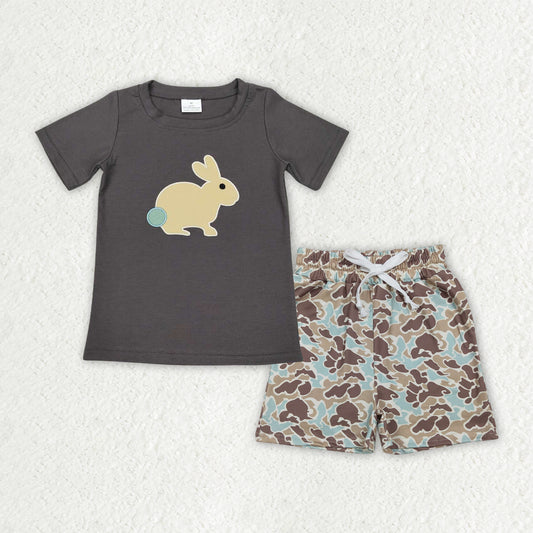 BSSO1987 Kids Embroidery Rabbit Baby Boy Shirts Top Camo Pockets Shorts Easter Clothes Sets