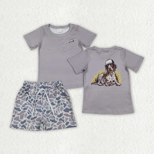 BSSO1988 Kids Baby Boy Grey Dogs Shirt Top Camo Pockets Shorts Hunting Clothes Sets