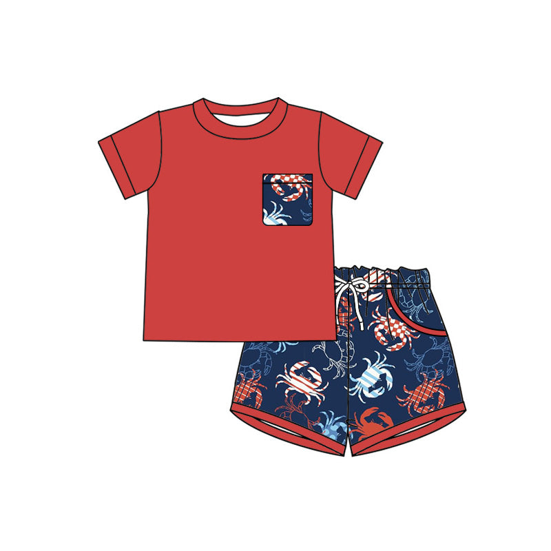 BSSO1989 Preorder Baby Boy Red Shirt Top Crabs Pockets Short 4th of July Clothes Sets