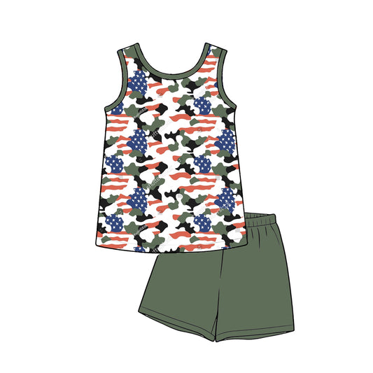 BSSO1993 Preorder Baby Boy Sleeveless Flags Camo Shirt Top Short 4th of July Clothes Sets