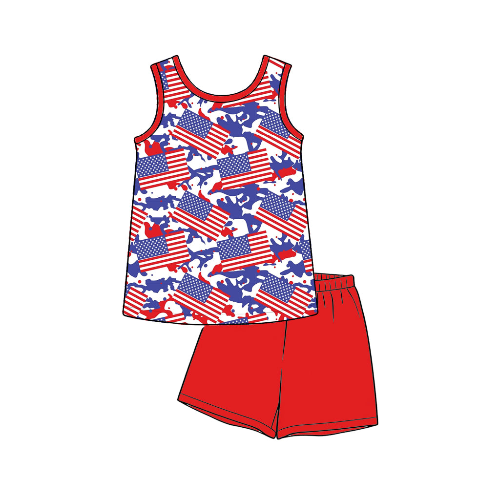 BSSO1994 Preorder Baby Boy Sleeveless Flags Camo Shirt Top Short 4th of July Clothes Sets