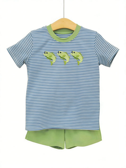 BSSO2001 Preorder Baby Boy Short Sleeve Fishing Stripe Top Short Hunting Clothes Sets