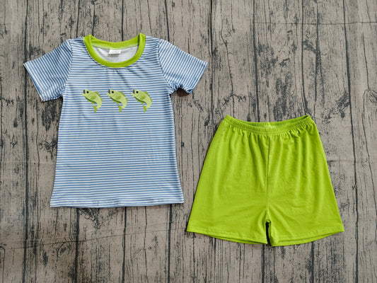 BSSO2001 Preorder Sample Embroidery Fishes Baby Boys Short Sleeve Stripe Top Short Hunting Clothes Sets
