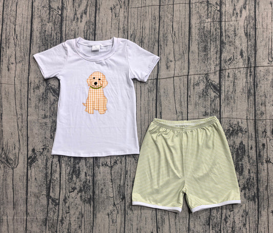 BSSO2002 Preorder Sample Baby Boys Embroidery Dogs Shirt Top Stripe Short Hunting Clothes Sets