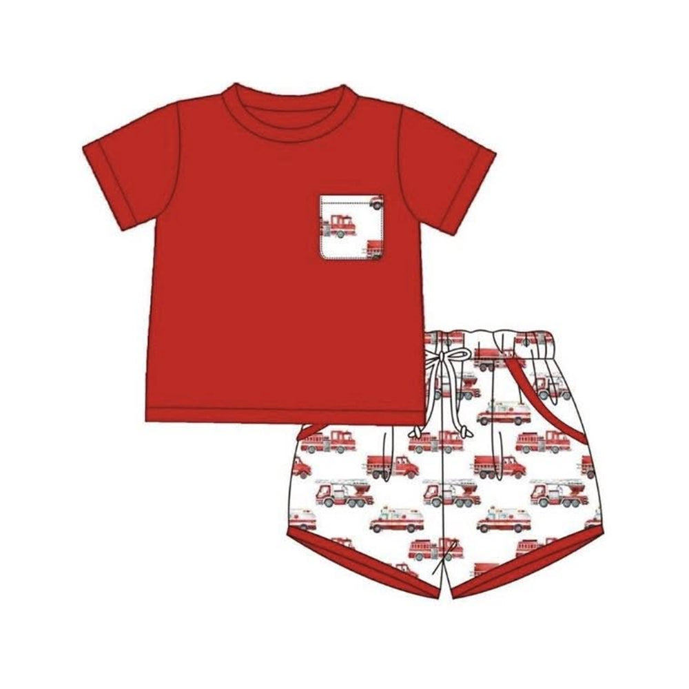 BSSO2003 Preorder Baby Boy Short Sleeve Shirt Top Firetrucks Pockets Short Clothes Set