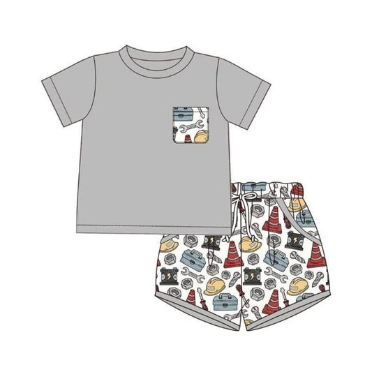 BSSO2005 Preorder Baby Boy Short Sleeve Shirt Top Tools Pockets Short Clothes Set