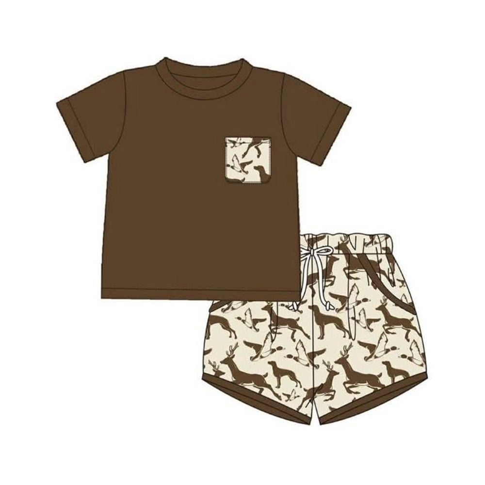 BSSO2006 Preorder Baby Boy Short Sleeve Top Dog Ducks Pockets Short Hunting Clothes Set