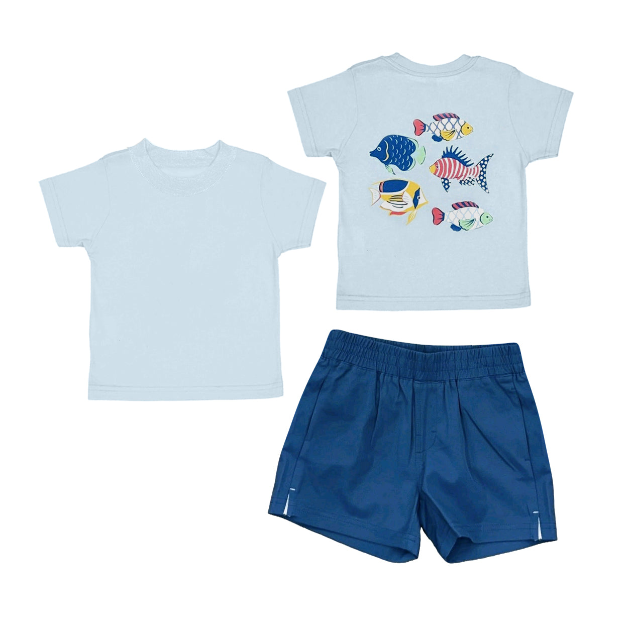 BSSO2007 Preorder Baby Boy Red Blue Fishes Shirt Top Pockets Short 4th of July Clothes Set