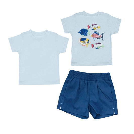 BSSO2007 Preorder Baby Boy Red Blue Fishes Shirt Top Pockets Short 4th of July Clothes Set