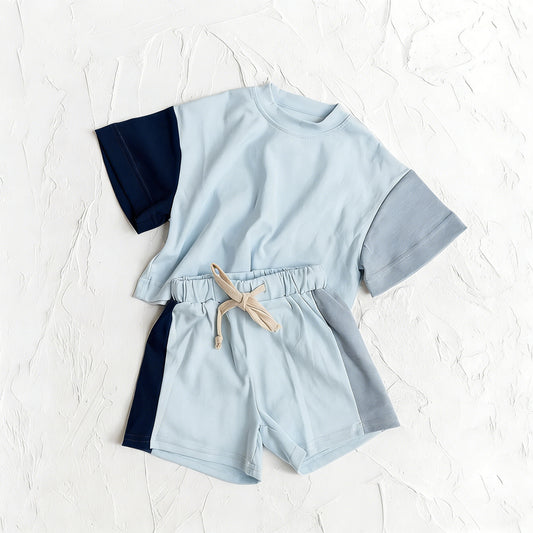 BSSO2013 Preorder Baby Boy Blue Patchwork Short Sleeve Shirt Top Short Clothes Set