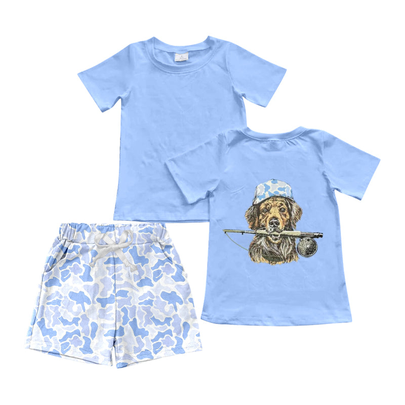 BSSO2015 Preorder Baby Boys Blue Dog Fishing Top Camo Pockets Short Hunting Clothes Set
