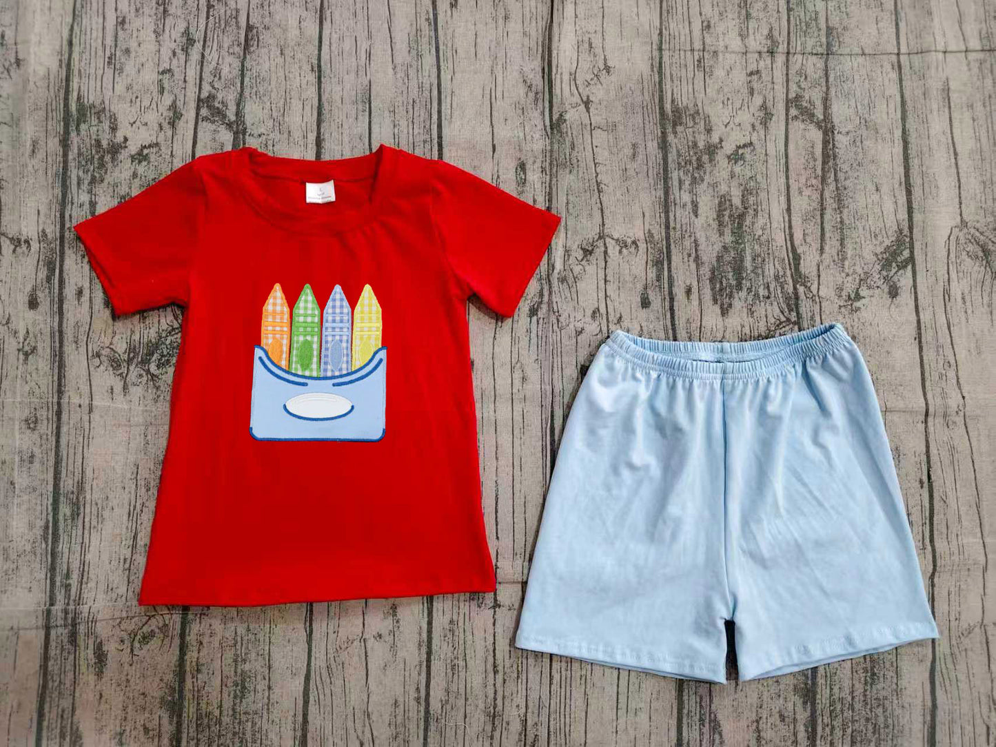 BSSO2023 Preorder Sample Embroidery Pencils Baby Boys Shirt Top Short Back to School Clothes Set