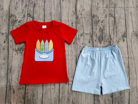 BSSO2023 Preorder Sample Embroidery Pencils Baby Boys Shirt Top Short Back to School Clothes Set