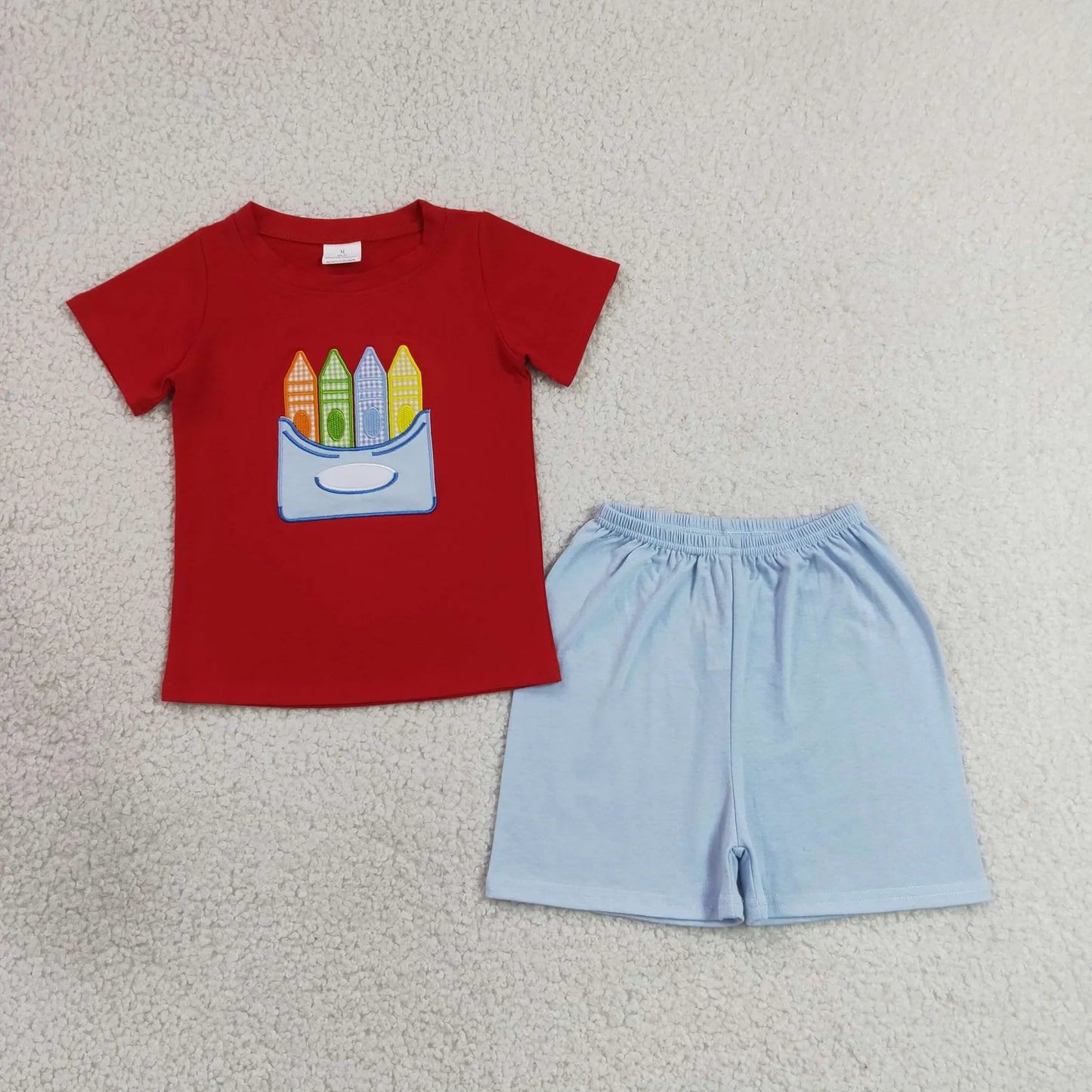 BSSO2023 Embroidery Pencils Baby Boys Shirt Top Short Back to School Clothes Set