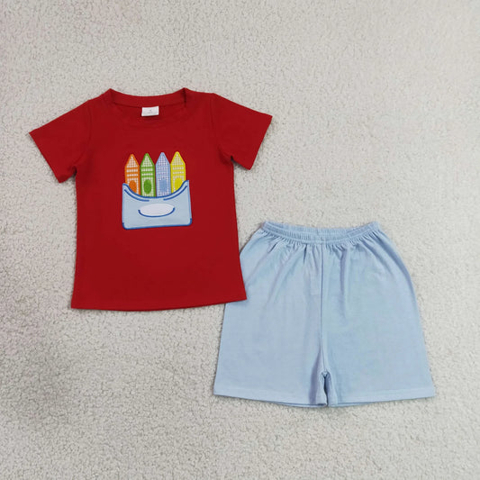 BSSO2023 Embroidery Pencils Baby Boys Shirt Top Short Back to School Clothes Set