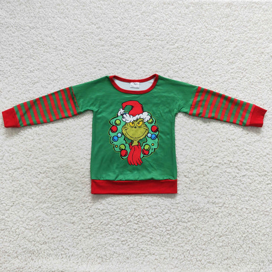 11.25 RTS NO MOQ（In Stock) BT0245 Christmas cartoon grinch red and green striped long-sleeved top