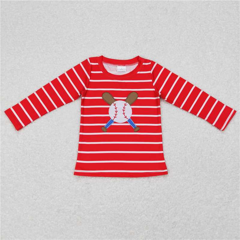 BT0387 Baby Boy Red Stripes Baseball Long Sleeve Tee Shirts Tops
