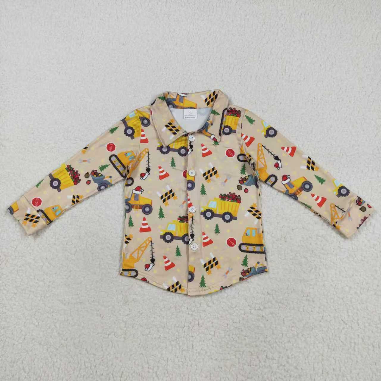 Kids Sibling Baby Boys Christmas Excavators Buttons Shirts Outfits Sets