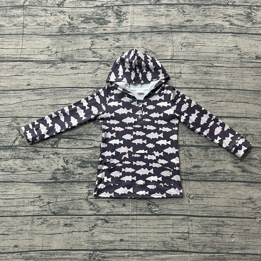 BT1545 Preorder Sample Baby Boy Fishes Plaid Button Pockets Hunting Hoodies Top