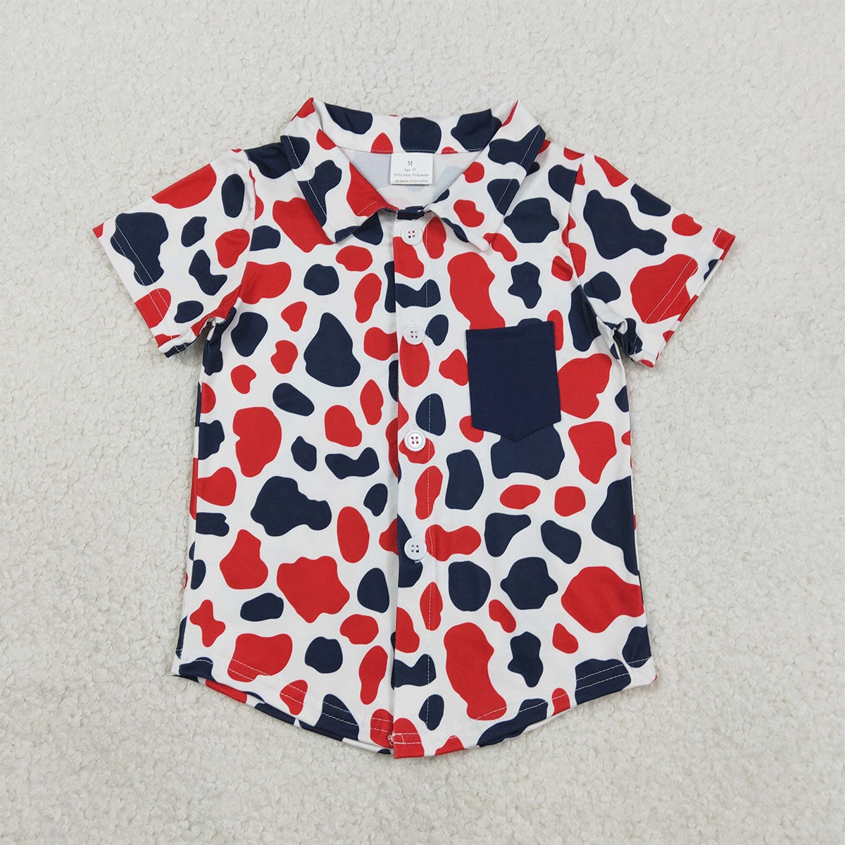 Kids Baby Boys Red Blue Cow Print July 4th Button Pocket Shirts BT1656