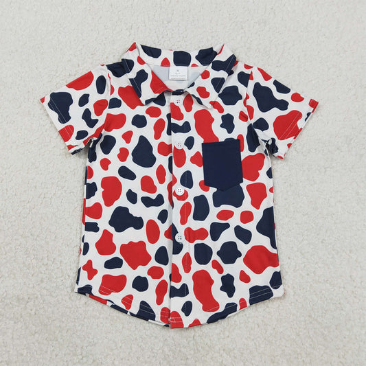 Kids Baby Boys Red Blue Cow Print July 4th Button Pocket Shirts BT1656