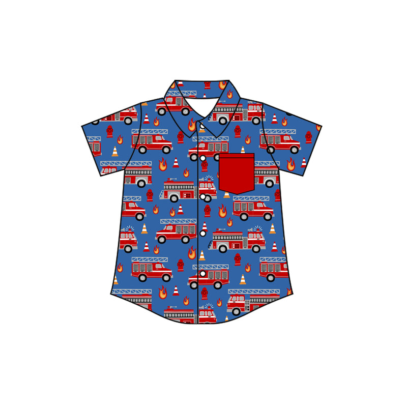 Pre-order Baby Boy Short Sleeve Firetrucks Print Button Pocket Polo Shirts Top BT1722