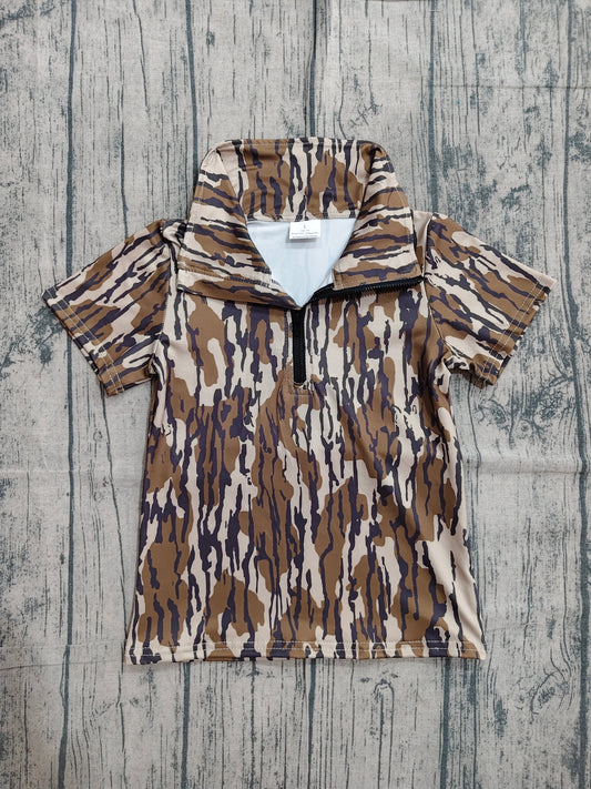 BT1726 Preorder Sample Baby Boys Short Sleeve Southern Olive Camo Zipper Pullovers Top
