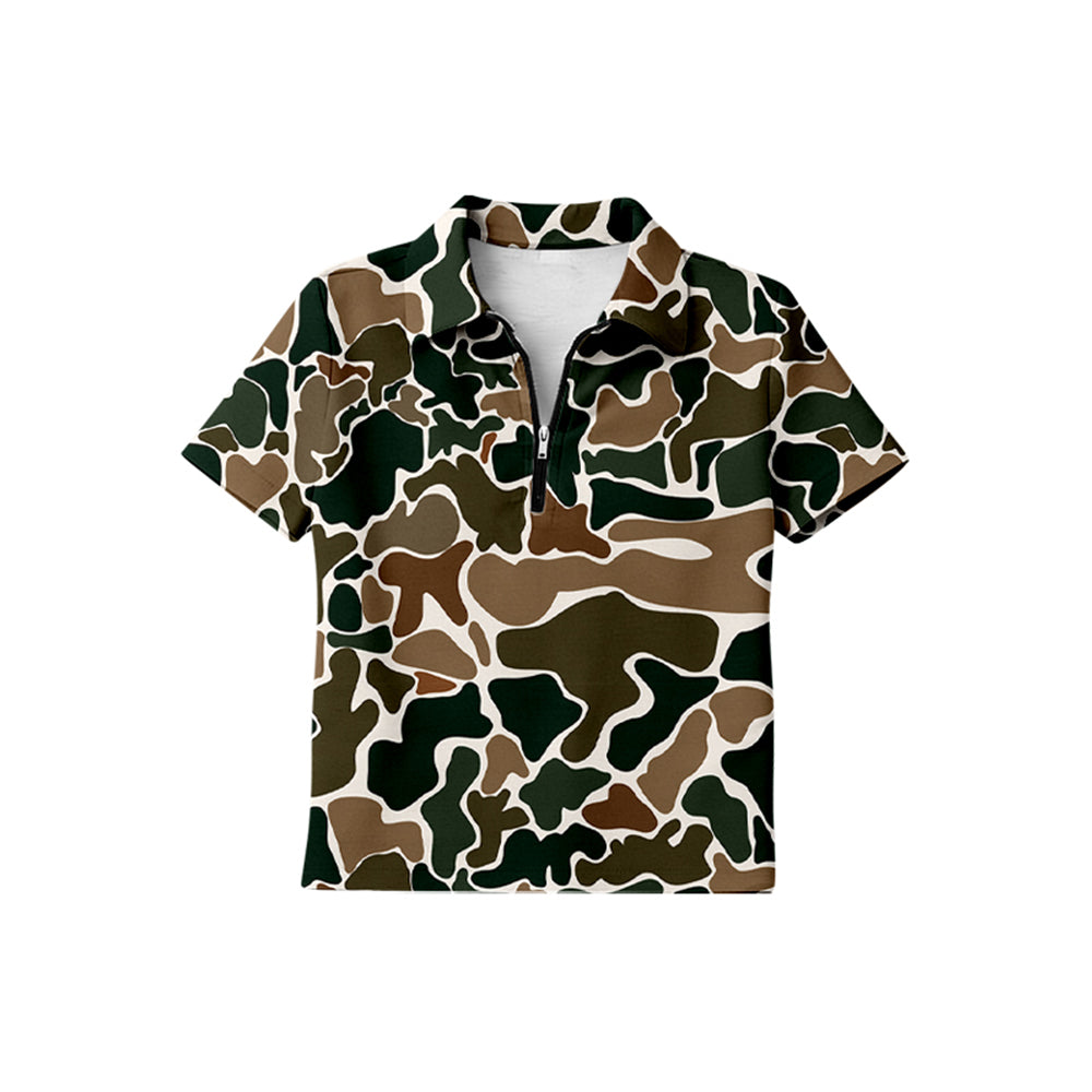 BT1729 Preorder Baby Boy Short Sleeve Southern Dark Brown Camo Zipper Pullovers Top