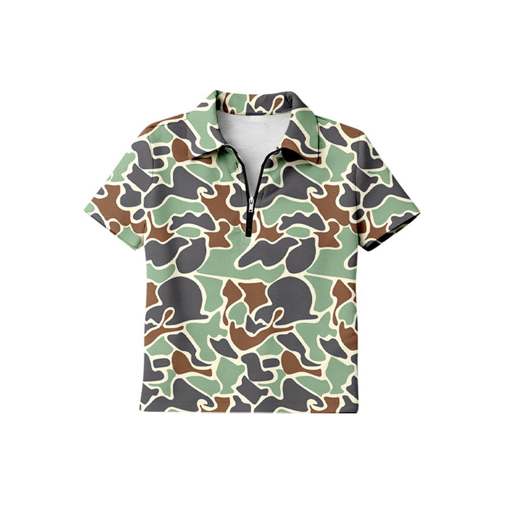 BT1733 Preorder Baby Boy Short Sleeve Southern Green Camo Zipper Pullovers Top
