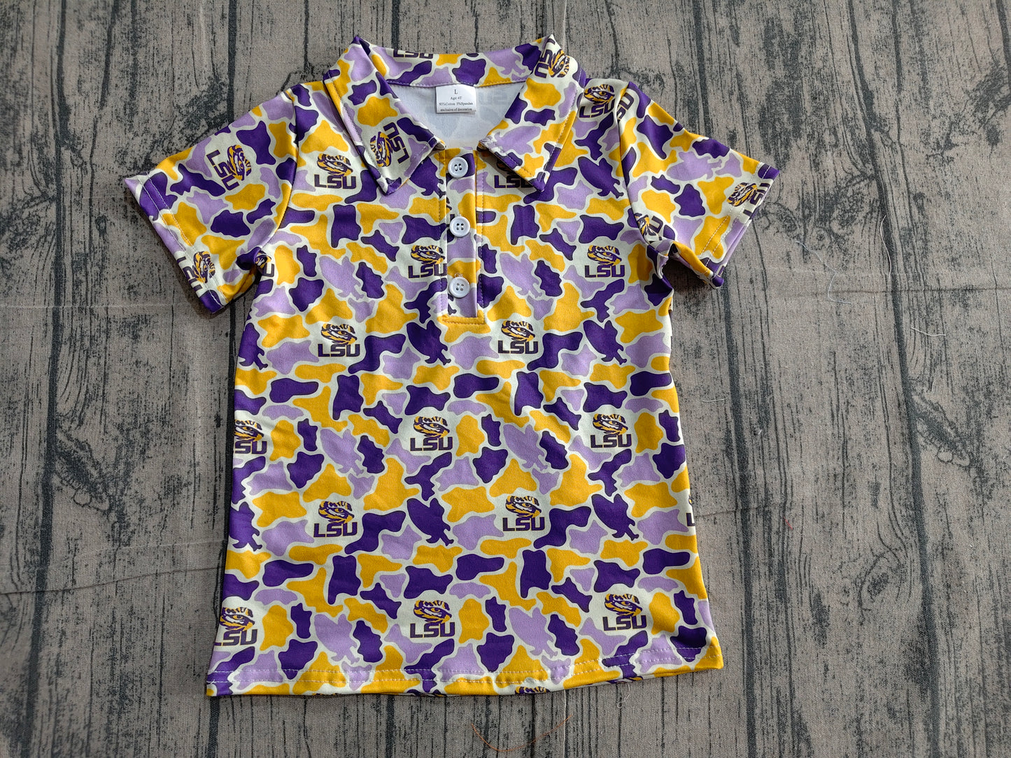 BT1744 Preorder Sample Baby Boy Purple Yellow Camo LSU Tigers Team Button Polo Shirt Top