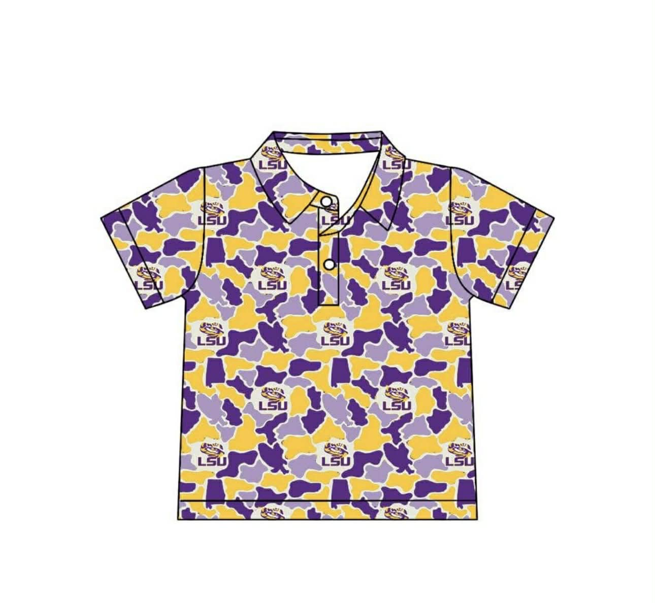 BT1744 Preorder Baby Boy Purple Yellow Camo LSU Tigers Team Button Polo Shirt Top
