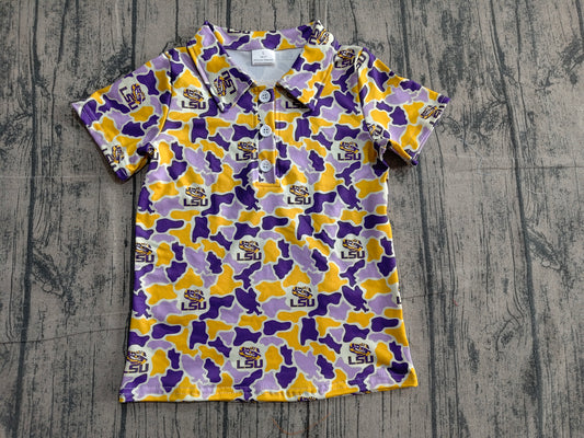 BT1744 Preorder Sample Baby Boy Purple Yellow Camo LSU Tigers Team Button Polo Shirt Top