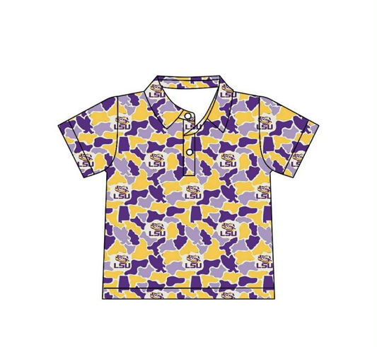 BT1744 Preorder Baby Boy Purple Yellow Camo LSU Tigers Team Button Polo Shirt Top