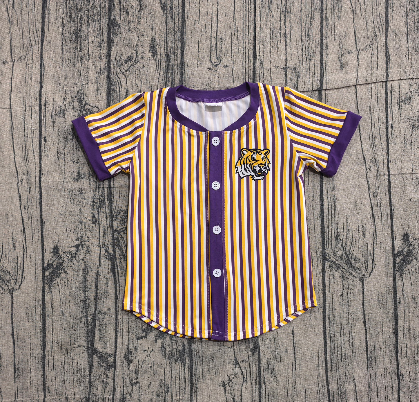 BT1745 Preorder Sample Baby Boy Purple Stripe Geaux Tigers Team Button T-shirts Top