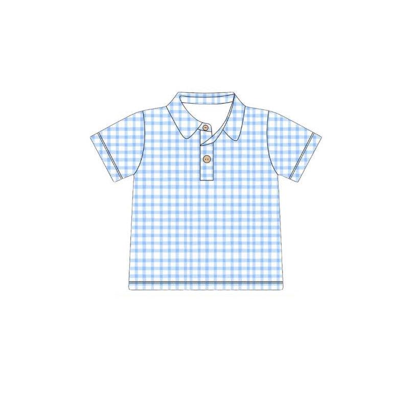 BT1748 Preorder Baby Boy Light Blue Checked Short Sleeve Button Polo Shirts Top