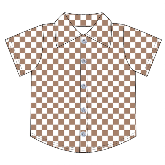 BT1757 Preorder Baby Boy Short Sleeve Khaki Checked Button Shirts Top