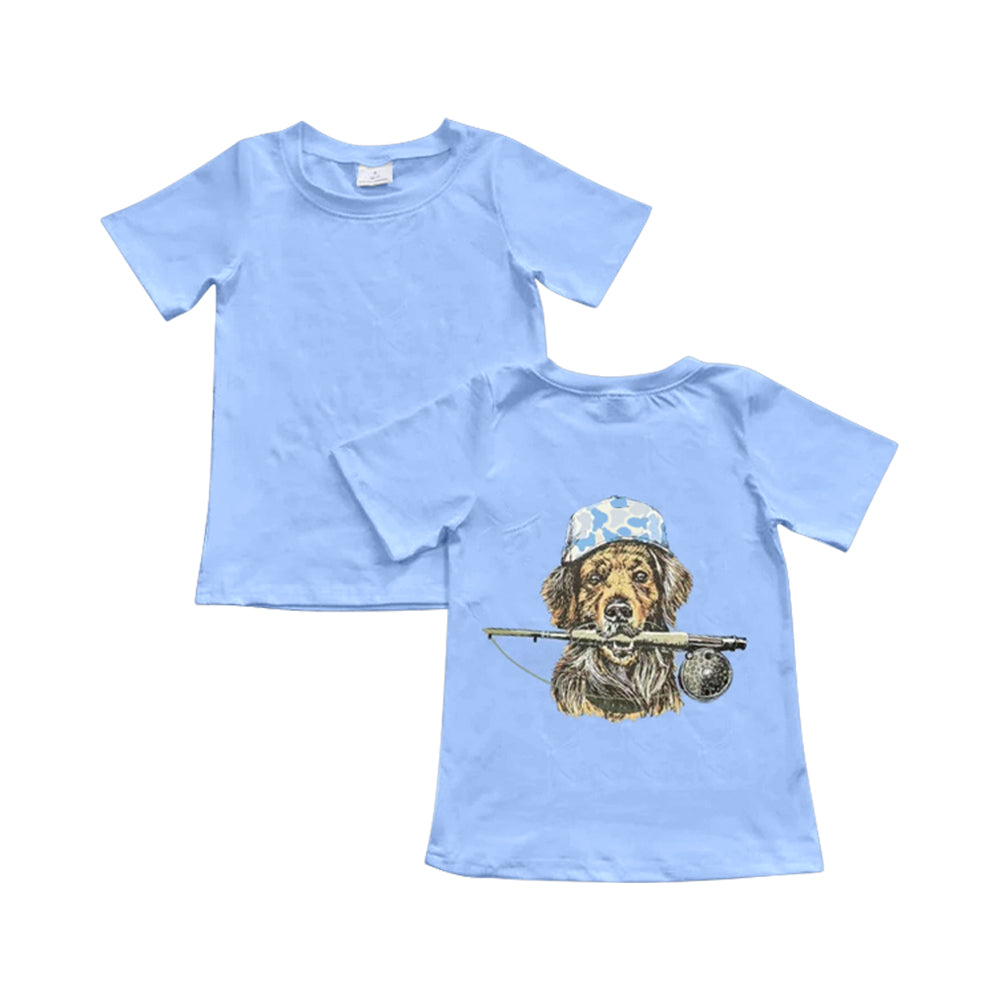 BT1765 Preorder Baby Boys Blue Short Sleeve Back Dog Fishing Hunting T-shirts Top