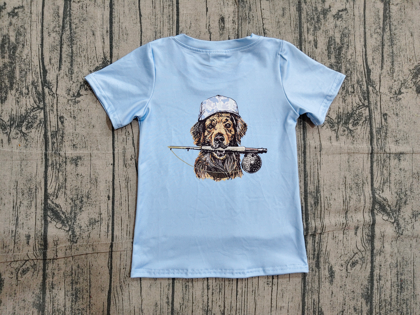 BT1765 Preorder Sample Baby Boys Blue Short Sleeve Back Dog Fishing Hunting T-shirts Top