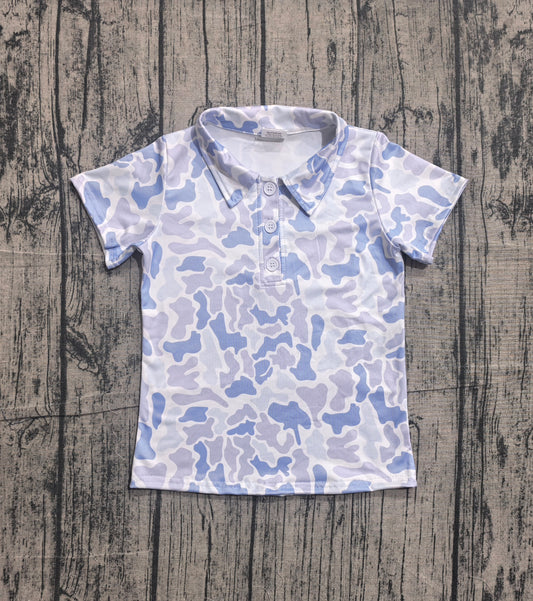 BT1766 Preorder Sample Baby Boys Short Sleeve Southern Blue Camo Button Polo Shirts Top