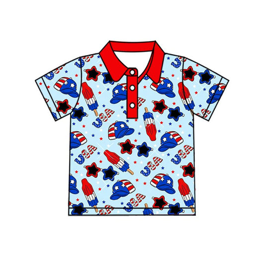 BT1767 Preorder Baby Boys Short Sleeve USA Popsicle 4th of July Button Polo Shirts Top