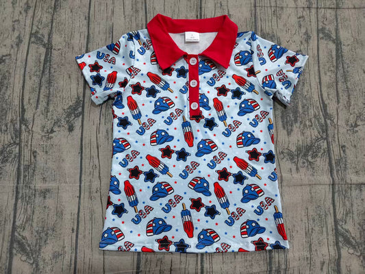 BT1767 Preorder Sample Baby Boys Short Sleeve USA Popsicle 4th of July Button Polo Shirts Top