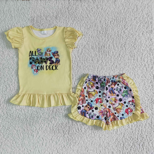 C1-28 Baby Girl Cartoon Dog Short Sleeve Ruffle Shorts Sets