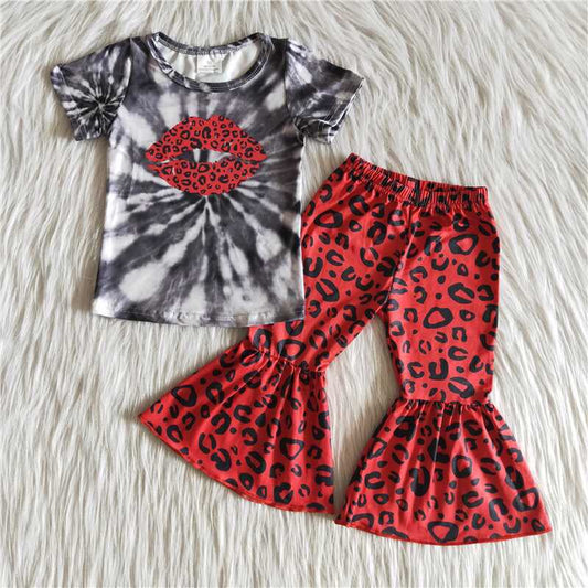 12.22 girl clothes red leopard mouth short sleeve fall spring set