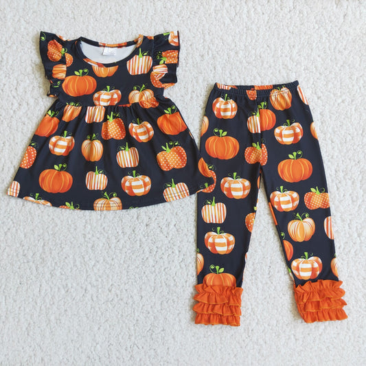 RTS NO MOQ（In Stock）C10-21 Girls Little Fly Sleeve Orange Pumpkin Shorts Lace Trousers Boutique Set