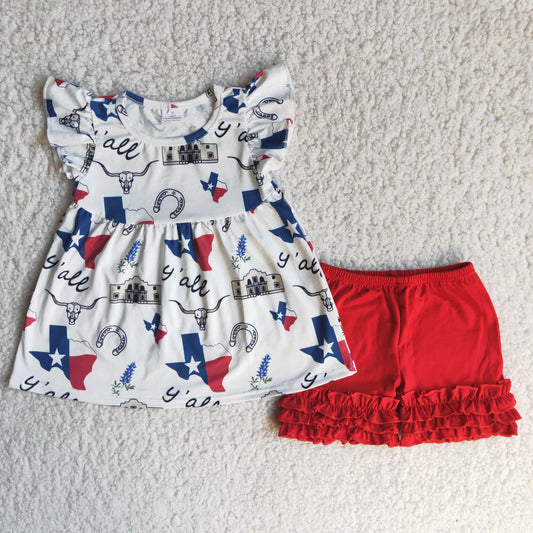 5.12 RTS NO MOQ C14-17 Horn Flag Letter Flying Sleeve Red shorts Suit
