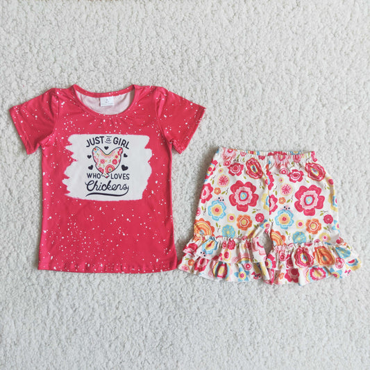 5.12 RTS NO MOQ C14-4 Red Chicken Short Sleeve Red Flower Shorts Set