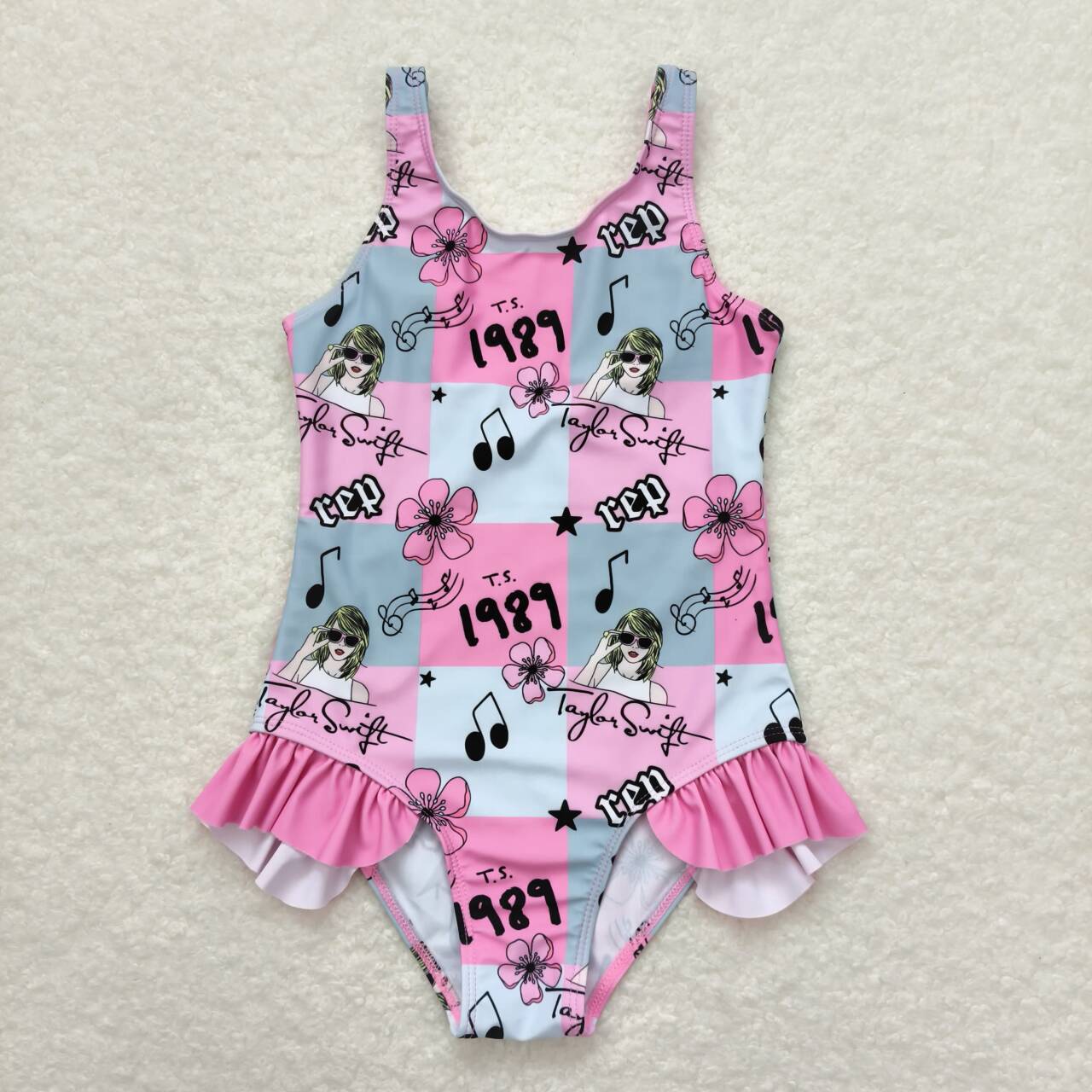 S0349 1989 Country music singer Floral plaid pink lace one-piece swimsuit